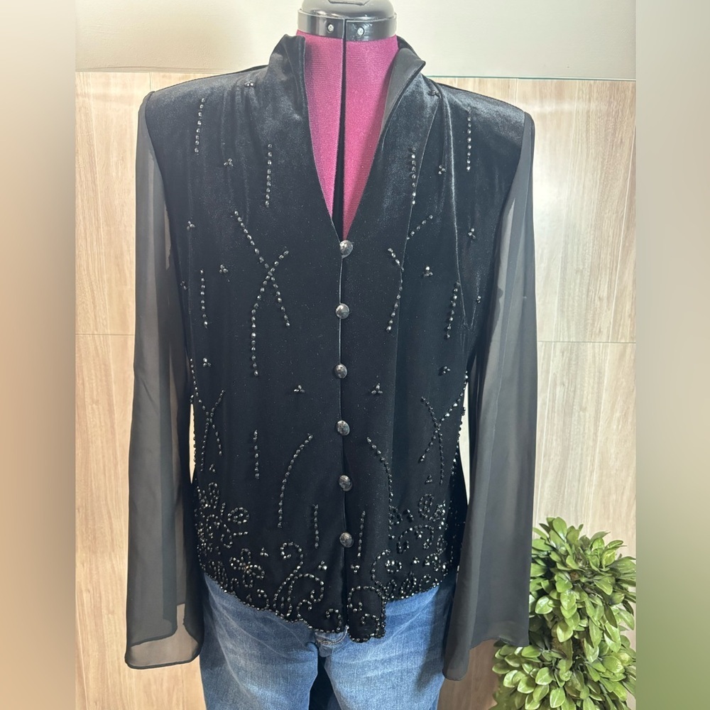 J R Nites by Carol Lin Velvet Black Beaded Women's Blouse Top Sheer Sleeves